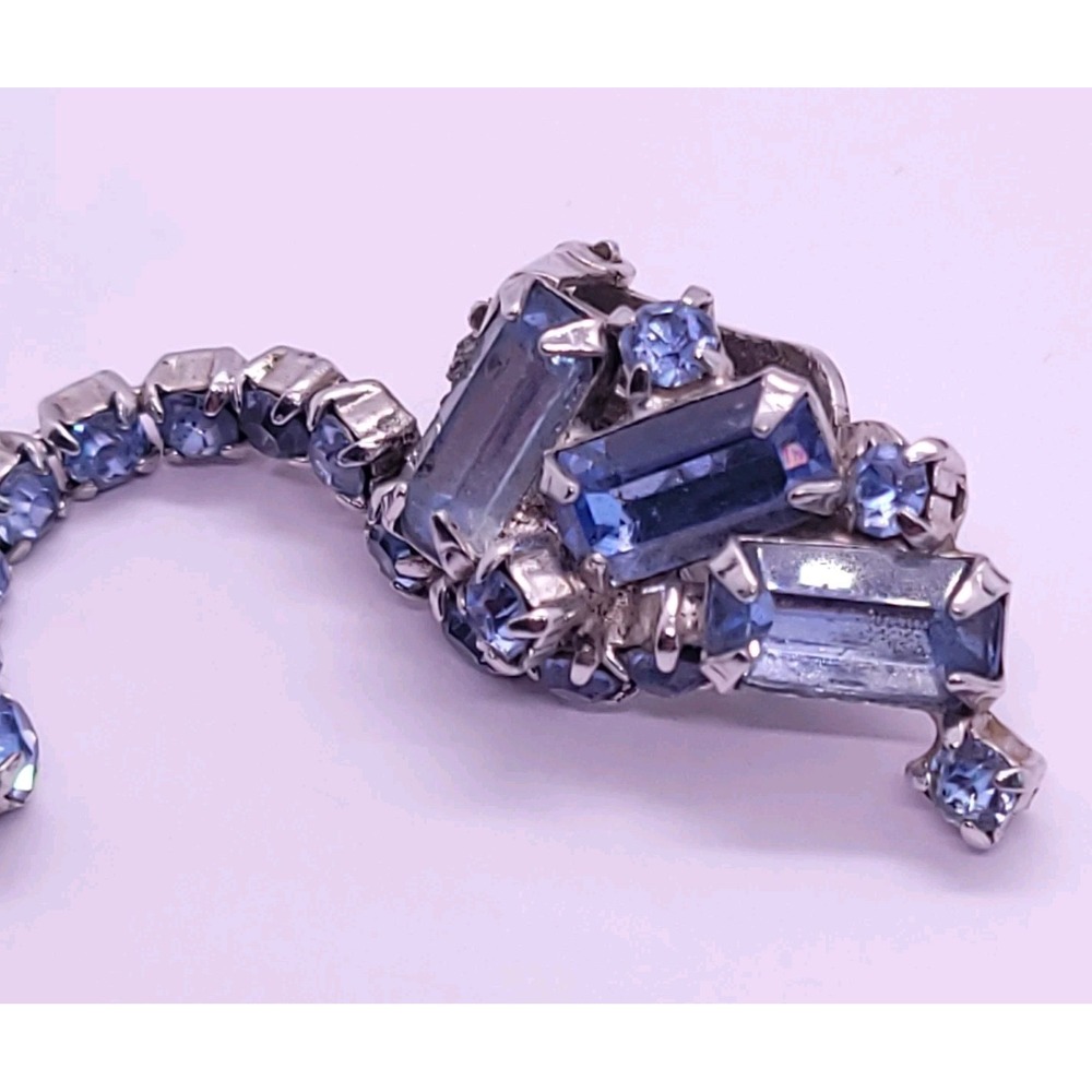 Vintage Juliana D&E Blue Baguette Rhinestone Dangle Climber Clip Earrings